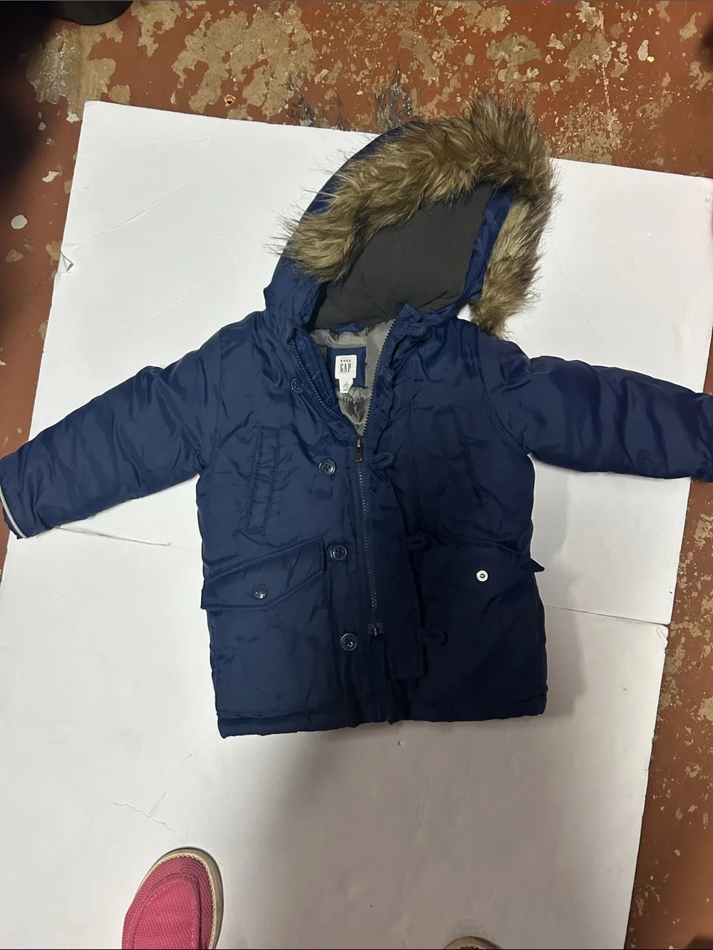GAP Navy Hooded Puffer Coat with Faux Fur Trim - Kids